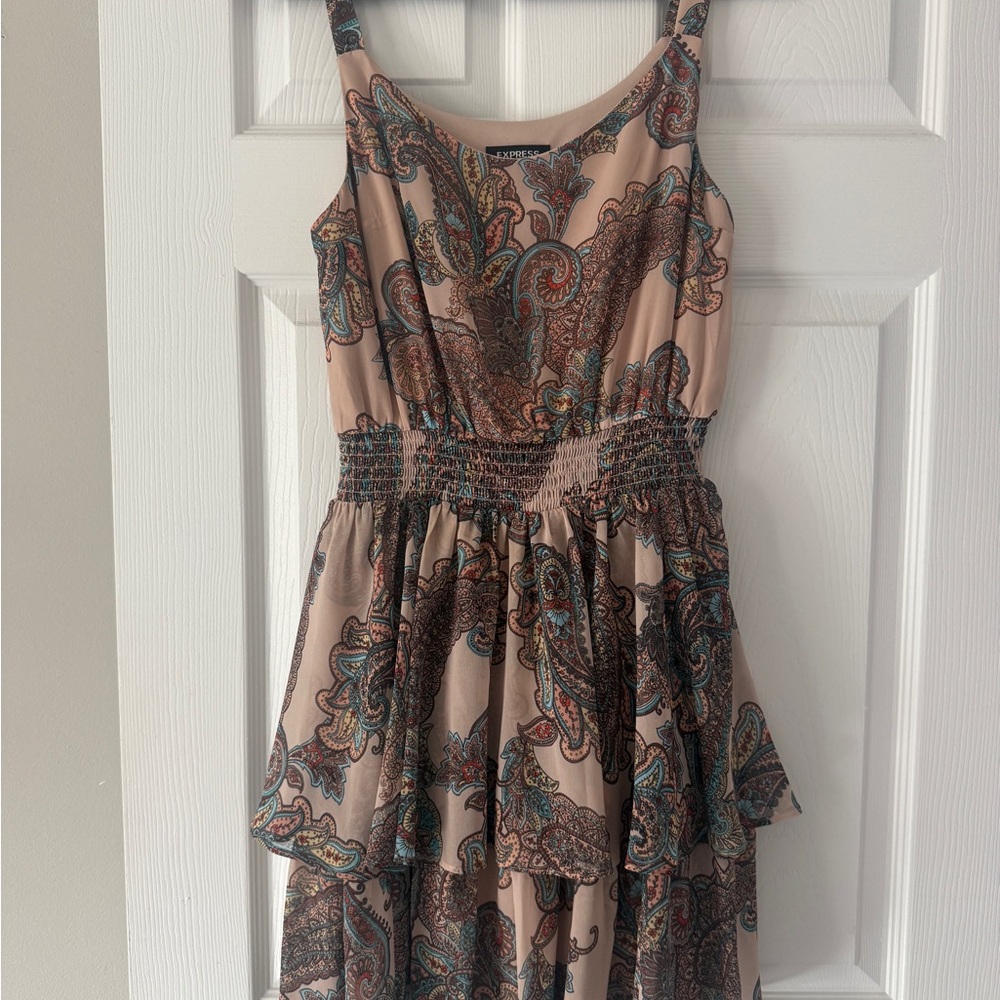 Express Paisley High Low Dress in Tan and Blue